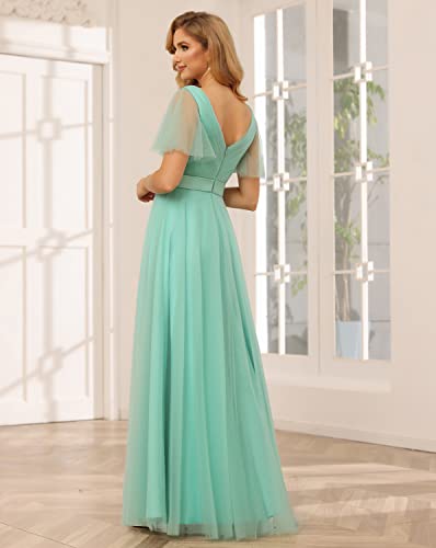 Miao Duo Women's Flutter Sleeve Sky Blue Bridesmaid Dress Long Ruched Tulle V Neck Formal Dress For Wedding Sky Blue 00 #TOP1
