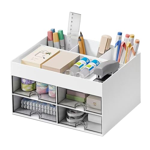 YODUEA Desk Organiser Drawers White Desk Tidy Organiser Plastic Table Desktop Stationary Organiser Large Capacity Makeup Storage Box with Drawers, Pen Holder for School Office Home