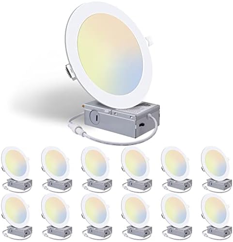 12 Pack 6 Inch 3CCT Ultra-Thin LED Recessed Ceiling Light with Junction Box, 3000K/4000K/5000K Selectable, 12W 110W Eqv, Dimmable 1100LM High Brightness LED Downlight - ETL Certified