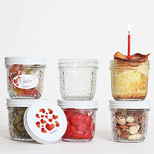 megusta!® 6er Set Einmachgläser 280 ml + 12 Etiketten, Glas in Diamant-Muster mit Deckel Herz-Design, für Marmelade, Gürkchen, zum Einfrieren und Backen, als Geschenk zur Hochzeit Cover