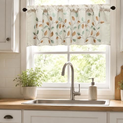 VOGOL Natural Leaf Embroidered Kitchen Valance, 52 x 18 Inches