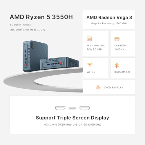 undefined BOSGAME Mini PC Ryzen 5 3550H 11 Pro Mini Computers, 16GB DDR4 RAM 512GB PCIe SSD, Vega 8 Graphics Triple 4K 60Hz Displays, USB 3.2 x3, USB 2.0x1, HDMI x2, WiFi5 BT5.0 の商品画像 1