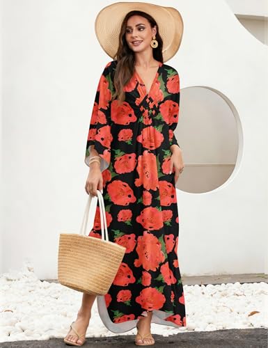 Image of MAKABO Kaftan Dresses for Women, V Neck Moo Moos Colorful Print Cover Ups Caftan Beach Dresses for Swimwear