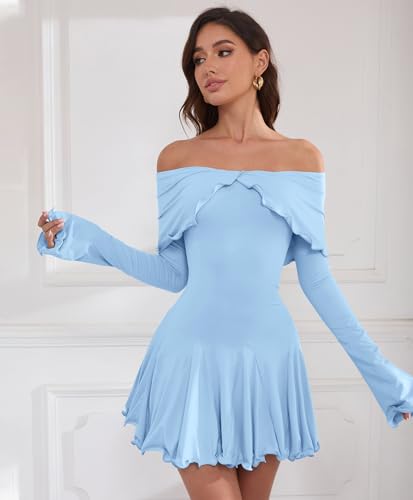 Image of Off The Shoulder Dresses for Women Long Slv Ruffle Bodycon Graduation Dress