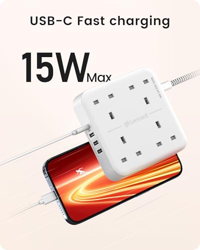 LENCENT Extension Lead with 4 Way Outlets, 3250W 13A Power Strip, 1.8M Braided Extension Cord, 1 USB-C and 3 USB Slots, Multi Power Plug Extension for Home and Office, White - Image 3