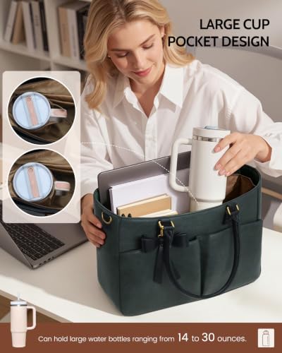 Image of Laptop Tote Bag for Women, Leather Work Tote with Padded Laptop Compartment, Cup Holder, Office Computer Briefcase