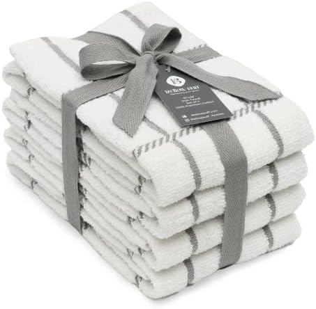 Mellow Buff 100% Cotton Terry Dish Towels, 4 Pack Checks, 16 x26 Inches, Super Soft and Absorbent Kitchen Towels, Perfect for Kitchen Cleaning and Dish Washing | Light Gray