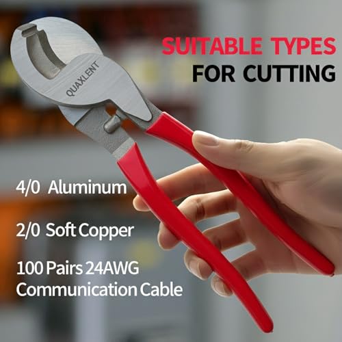 Image of 10 Inch Large Cable Cutter Heavy Duty High Leverage Big Wire Cutting Plier Tool for 4 /0 Aluminum 2 /0 Soft Copper and 100PR 24AWG Comm Cable, Bright Red