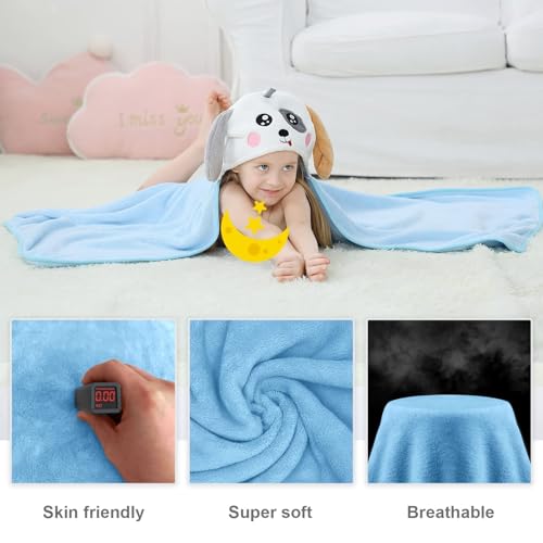Image of MICHLEY Cartoon Hooded Baby Towel Unisex, Premium Soft Swimming Bathrobe Large Washcloths 31.5 inch x 53 inch for 0-9T (Blue Dog)