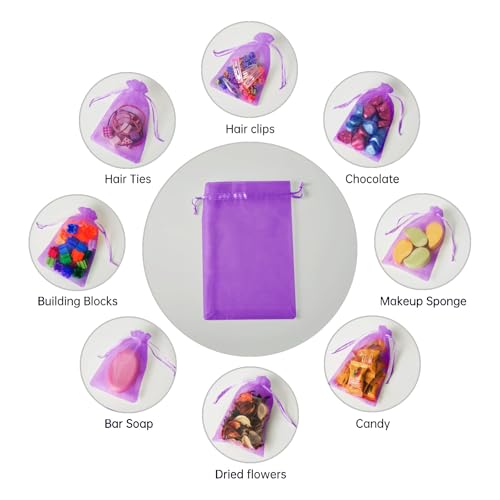 Image of 100PCS Purple Organza Bags, 4x6 Inch Small Mesh Bags Drawstring, Jewelry Gift Bag, Candy Bags for Party Wedding