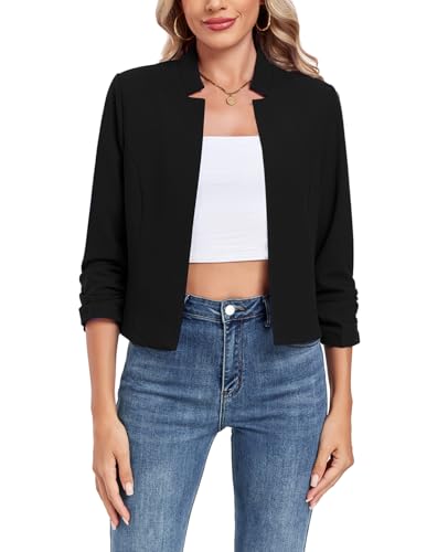MINTLIMIT Cropped Blazers for Women 3/4 Ruched Sleeve Notched Collar Open Front Cardigan Business Casual Blazer Jackets
