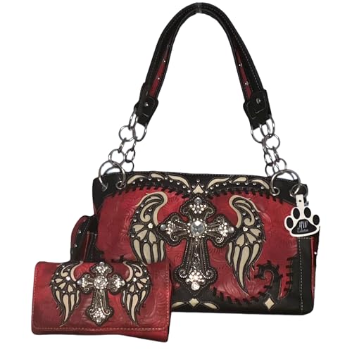 HW Collection Western Handbag Rhinestone Cross Angelic Wings Women Purse and Wallet Set (Red)