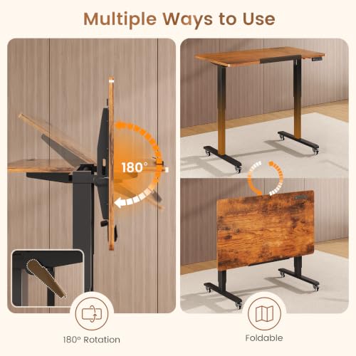 Image of SEDETA 31.5 Inches Foldable Electric Standing Desk, 180 Tiltable Mobile Rising Computer Desk Height Adjustable with Wheels for Drawing /Writing /Gaming /Study /Home Office /Small Space, Rustic Brown
