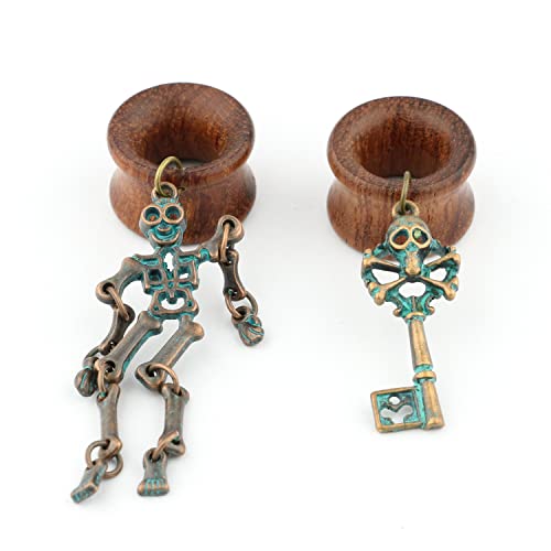 Balala 00G 10Mm Verdigris Antique Brass Skull Key Wood Dangle Ear Gauges Piercing Flesh Tunnels Plugs Statement Earrings #TOP5