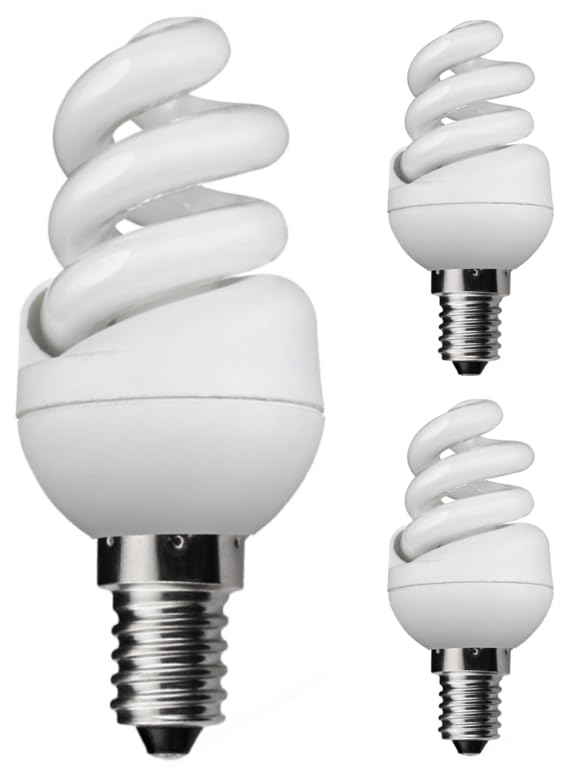 Pack of 3 CFL 7W (35 Watt Equivalent), Daylight 6500K, Spiral Shape Compact Flourescent Bulbs, SES E15 Small Edison Screw Fitting, Energy Saving, 10 Year Long-Lasting, No Flicker, 350 Lumen