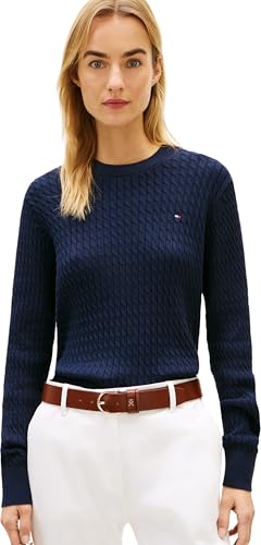 Tommy Hilfiger Donna Pullover Cable Fine Motivo a Trecce, Blu (Dark Night Navy), XS