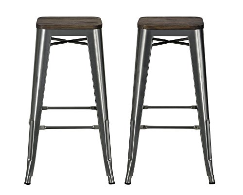 Dhp Fusion Metal Backless 30" Bar Stool With Wood Seat, Distressed Metal Finish For Industrial Appeal, Set Of Two, Antique Gun Metal #TOP3
