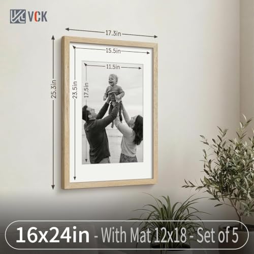 Image of VCK 16x24 Picture Frame 5 Pack, Natural Wood, 12x18 Mat, for Gallery Wall