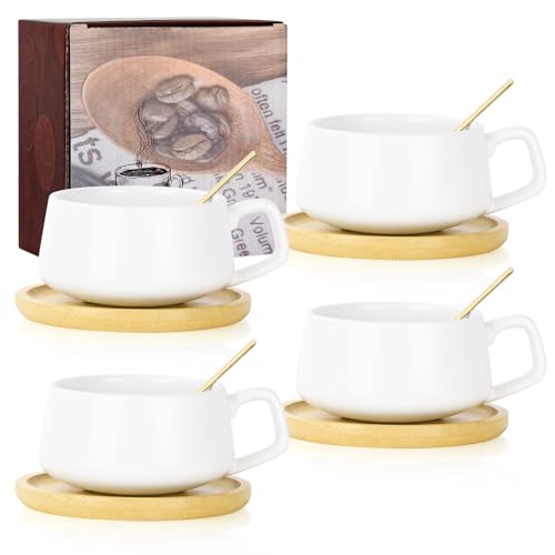 AOOTE Zestaw filiżanek i spodków do cappuccino, 4 szt. porcelanowych filiżanek do kawy espresso ze spodkiem i łyżeczką, szerokie filiżanki do cappuccino 320 ml, zestaw ceramicznych filiżanek do