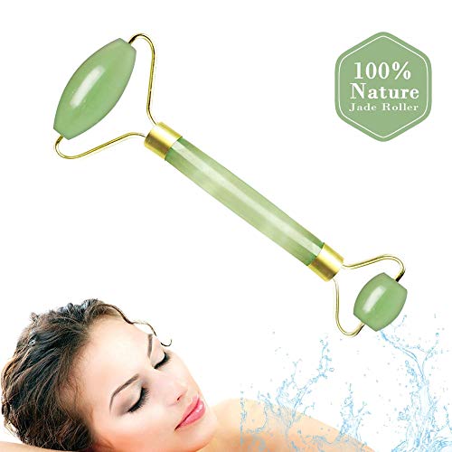 Jade Roller for Face, Deyace Gua Sha Scraping Massage Tool Anti-aging 100% Natural Jade Stone - Lymphatic Drainage, Wrinkle, Puffiness, Therapy with Magnetic Case (Green)