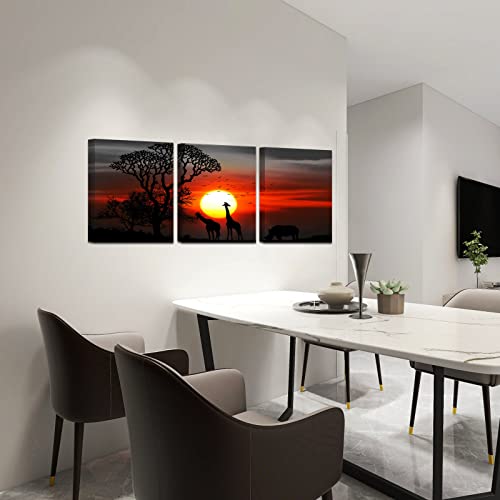 Fushvre African Animal Wall Art Giraffe At Sunset Paintings On Canvas Prints Set Of 3 Black And Red Nature Landscape Artwork Pictures For Home Living Room Bedroom Decor Framed Ready To Hang #TOP1