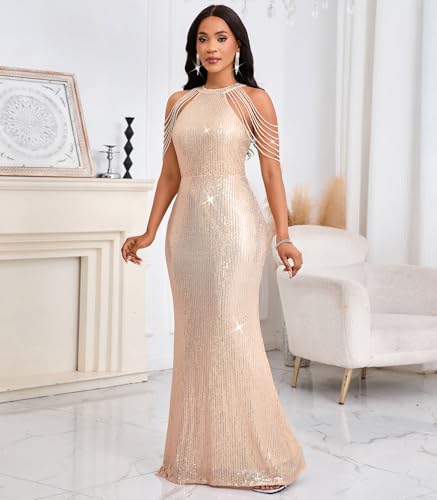 Image of Cololura Women Sexy Elegant Sequin Tassel Off Shoulder Halter Bodycon Maxi Dress Party Evening Gown Formal Dress