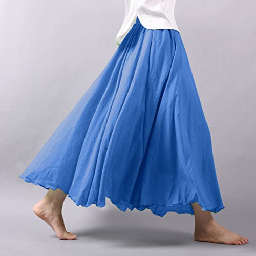 ASHER FASHION Women's Bohemian Style Elastic Waist Band Cotton Linen Long Maxi Skirt Dress (95CM, Denim Blue)