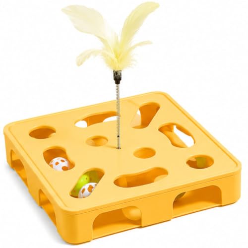 Image of PetVogue Interactive Cat Puzzle Toy with Feather Teaser, Plastic Pet Tower for Indoor Cats, Treat Dispensing & Slow Feeding Game, Anti-Boredom Exercise Toy for Cats, Dogs, and Small Pets (Yellow)