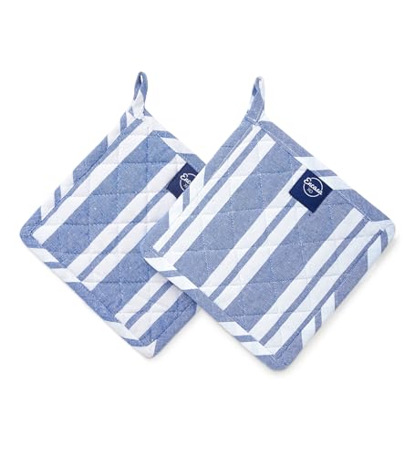 Image of Encasa XO Oven Microwave Pot Holders Trivets 21 cm (2 pc) for Kitchen Cooking & Baking - Heat Resistant, Thick & Safe, Protection of Hands from Hot Utensils, Grill, BBQ - Franca Blue Stripes