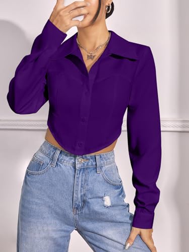 Image of GRECIILOOKS Women`s Oversized Fit Crop Top Shirt | Casual Long Sleev Stylish Collared Shirts for Womens | Comfortable Rich Korean Button Down | Formal Look Stylish Trendy Shirts