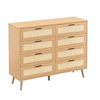Panana Chic Rattan Chest of Drawers, 3/6/8 Drawers Dresser with Hand Made Rattan Decorated Drawers Storage Chest with Wood Legs for Bedroom, Hallway, Living Room (Oak, 8 Drawers)