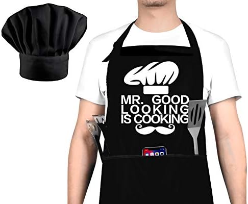 Funny Cooking Apron and Chef Hat Set for Men - Adjustable Bib Chef Apron for Men with 3 Pockets - BBQ Grill Apron for A Husband, Dad, Son, Grandfather Boyfriend Or Any Friend - Mr. Good.