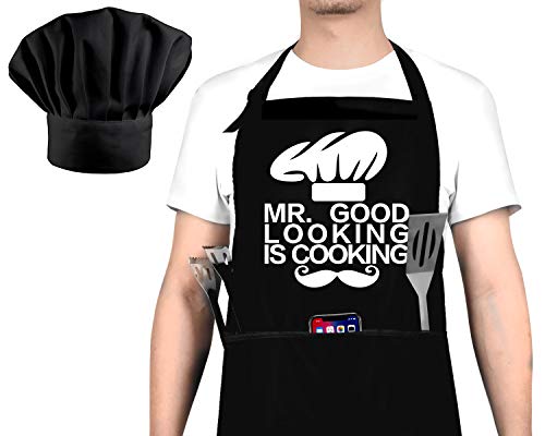 Funny Cooking Apron And Chef Hat Set For Men - Adjustable Bib Chef Apron For Men With 3 Pockets - Bbq Grill Apron For A Husband, Dad, Son, Grandfather Boyfriend Or Any Friend - Mr. Good. #TOP25