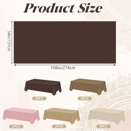 Image of CIEOVO 15 Pcs Boho Tablecloths, Gradient Brown Neutral Disposable Plastic Table Cover Waterproof Table Cloth for Birthday Bridal Baby Shower Wedding Party Tables Decoration Supplies