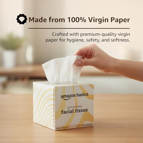 Image of Amazon brand- Amazon Basics 2-Ply Facial Tissue paper 320 pulls | 80 pulls x Pack of 4| Soft & Gentle| Chemical-Free