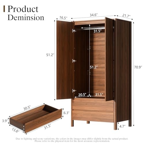 Image of Furniway Armoire Wardrobe Closet, 70.9 inch Tall Wardrobe Cabinet with 2 Doors, 2 Large Drawers and Hanging Rod, Wooden Clothing Storage Cabinet for Bedroom, Cloak Room, Walnut