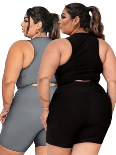 Kit 2 Conjuntos Moda Fitness Top E Short Cós Alto Alto Plus Size (PRETO - CINZA, G2)