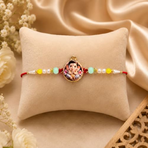 Image of Oblivion Rakhi For Brother - Elegant Stylish God Designer Rakhi with Beads and Silver Colour Pooja Coin, Tilak Set & Greeting Card - Traditional Raksha Bandhan Combo for Bhai