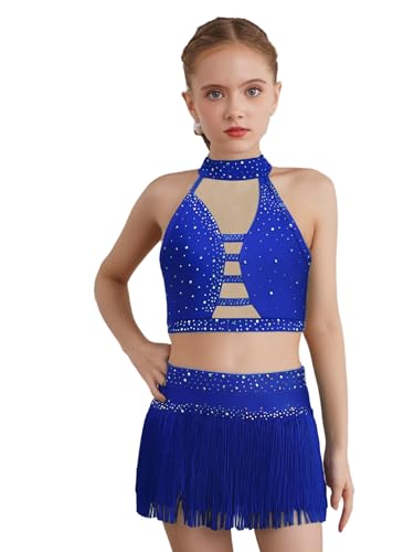 Tenue de danse latine 2 pièces bleu royal avec strass et collier pour fille 13-14 ans