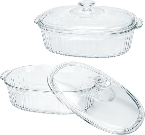 Set di 2 pirofile in vetro con coperchio per forno, 1,9 l e 3 l – Pirofila ovale scanalata in vetro per cuocere lasagne, casseruole, avanzi, cucina e cucina