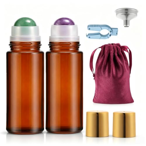 Roller Ball Applicator,Rose Quartz Roller Bottle,50ml Refillable Amber Glass Roll On Bottles with Natural Crystal Roller Balls,Leak-Proof Travel Perfume Bottle with Gold Caps (Green+Purple)
