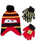 Disney Cars Lightning McQueen Winter Hat 2 Pair Mittens or Gloves (Toddler/Little Boys), Size Age 4-7, Cars Black/Red/Yellow Gloves Set