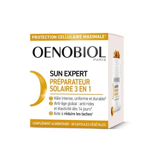 Oenobiol Sun Expert Préparateur Solaire 3-en-1 - Triple Action - Protection Cellulaire - Hâle Intense - Anti-Âge Global - Prouvé Cliniquement - Complément Alimentaire - 30 Capsules Végétales
