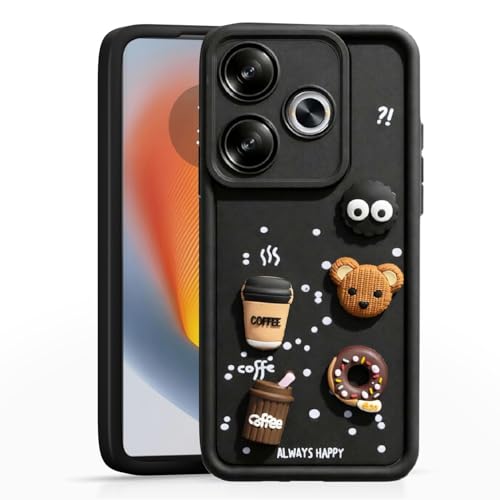 Image of Bintage CASE Cute Fun Taddy Cartoon 3D Ball Bear Milk Cake Coffee Silicon Case Full Body & Camera Protection Back Cover Compatible for MI Poco F6 5G - Black