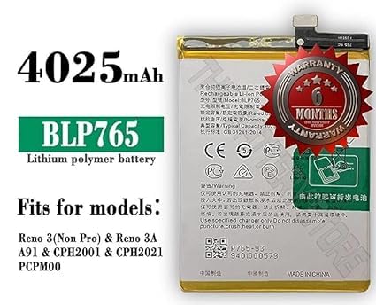Image of THE BATTERY STORE Original BLP765 Battery for Oppo Reno 3 / A91 / F15 CHP2001 / CPH2021 PCPM00 Battery with 6 Month Warranty**** (O180)