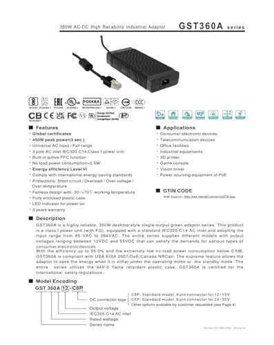 Alimentation GST360A 360W evite coupures avec connecteur Gst360a12-c8p stable