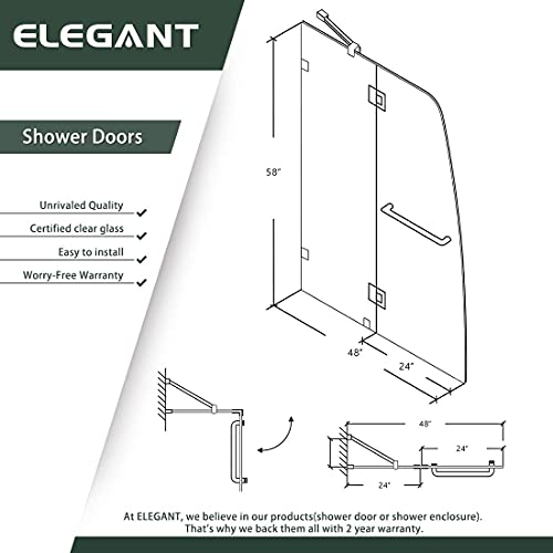 Elegant 48" W X 58" H Frameless Hinged Bathtub Door 5/16" Clear Tempered Glass Hinged Pivot Framless Stationary Panel Tub Shower Doors Support Bar Included Chrome Finish #TOP5