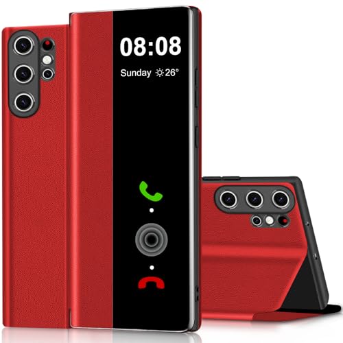 Étui pour Samsung S26 Ultra Croazhi rouge à rabat transparent en cuir et TPU avec béquille