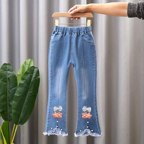 Girls Pearl Bow Knot Denim Jeans Elastic Waist Stretchy Raw Hem Bell Bottom Jeans Cute Y2K Jean Trousers with Pockets3