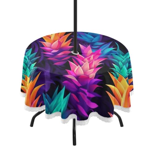 Wajiw 60 Inch Indoor Outdoor Round Tablecloth with Umbrella Hole and Zipper Waterproof Patio Table Cover for Camping Dining Room Party Outdoor Picnic,Pineapple